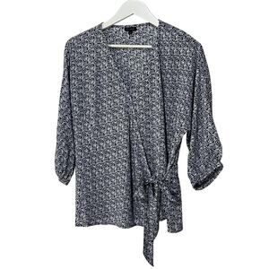 Talbots Navy and White Printed Wrap Blouse